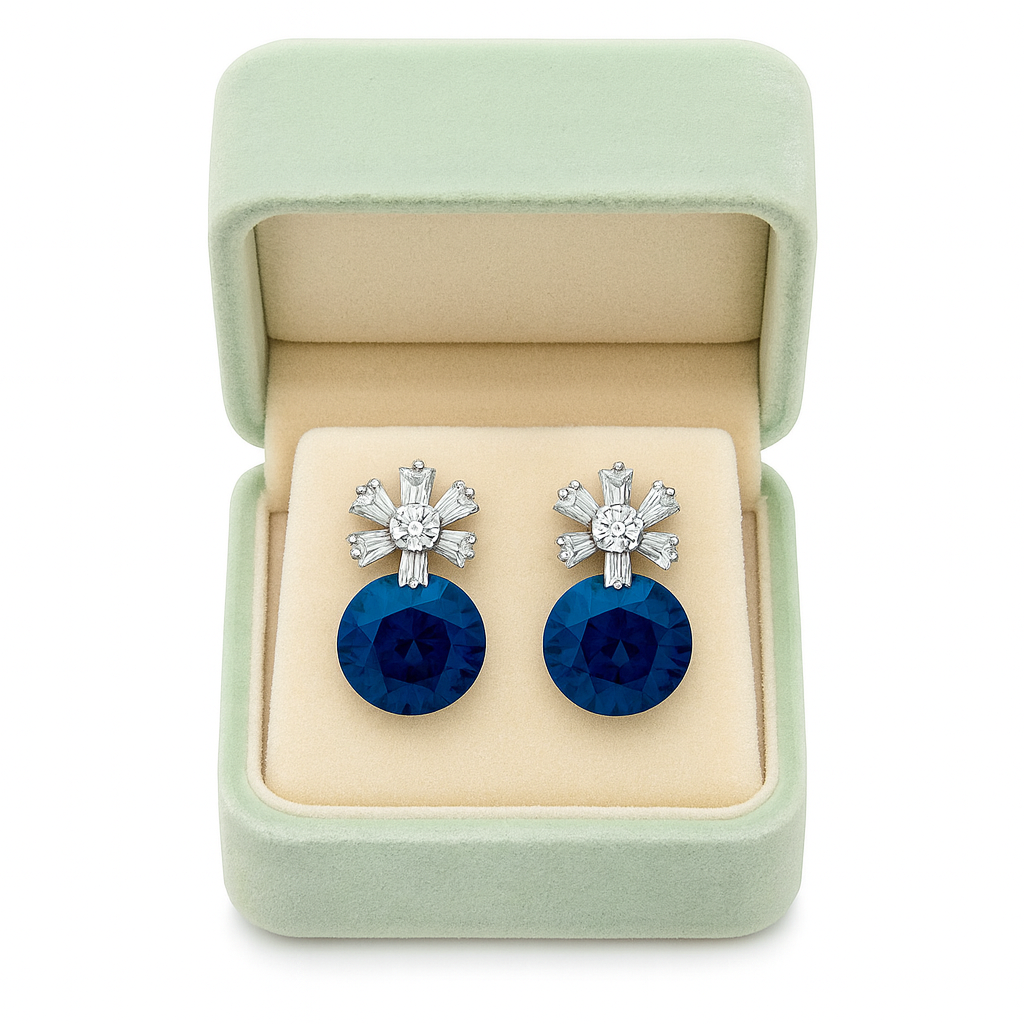 Premium Blue Crystal Drop Earrings with Baguette Floral Top for Women