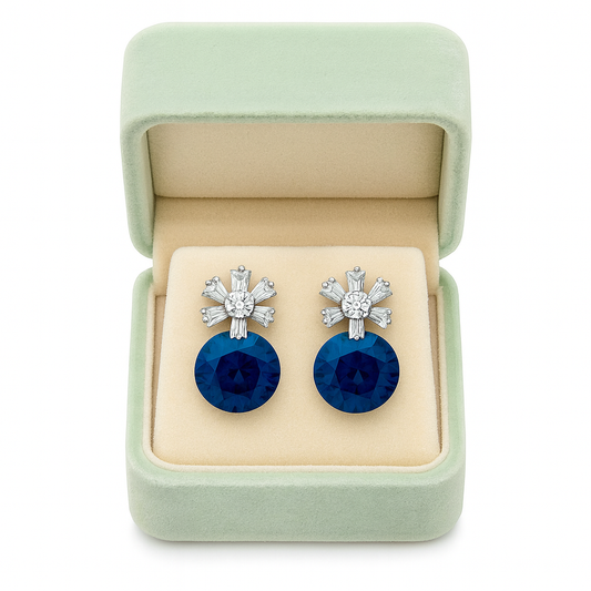 Premium Blue Crystal Drop Earrings with Baguette Floral Top for Women