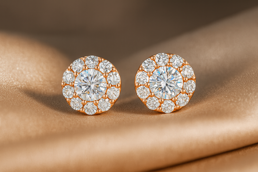 Rose Gold Halo Stud Earrings for Women | Sparkling CZ Round Cluster Design | Daily Wear & Gifting