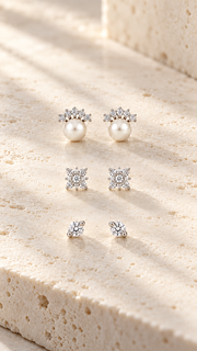 Pearl Crown, Floral Cluster Solitaire Stud Earrings Set – 3 Pairs - Aaryahi Silver jewellery product photo