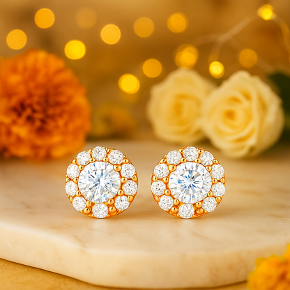 Rose Gold Halo Stud Earrings for Women | Sparkling CZ Round Cluster Design | Daily Wear & Gifting