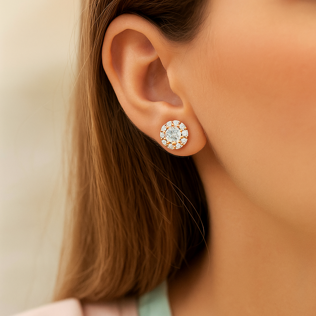 Rose Gold Halo Stud Earrings for Women | Sparkling CZ Round Cluster Design | Daily Wear & Gifting