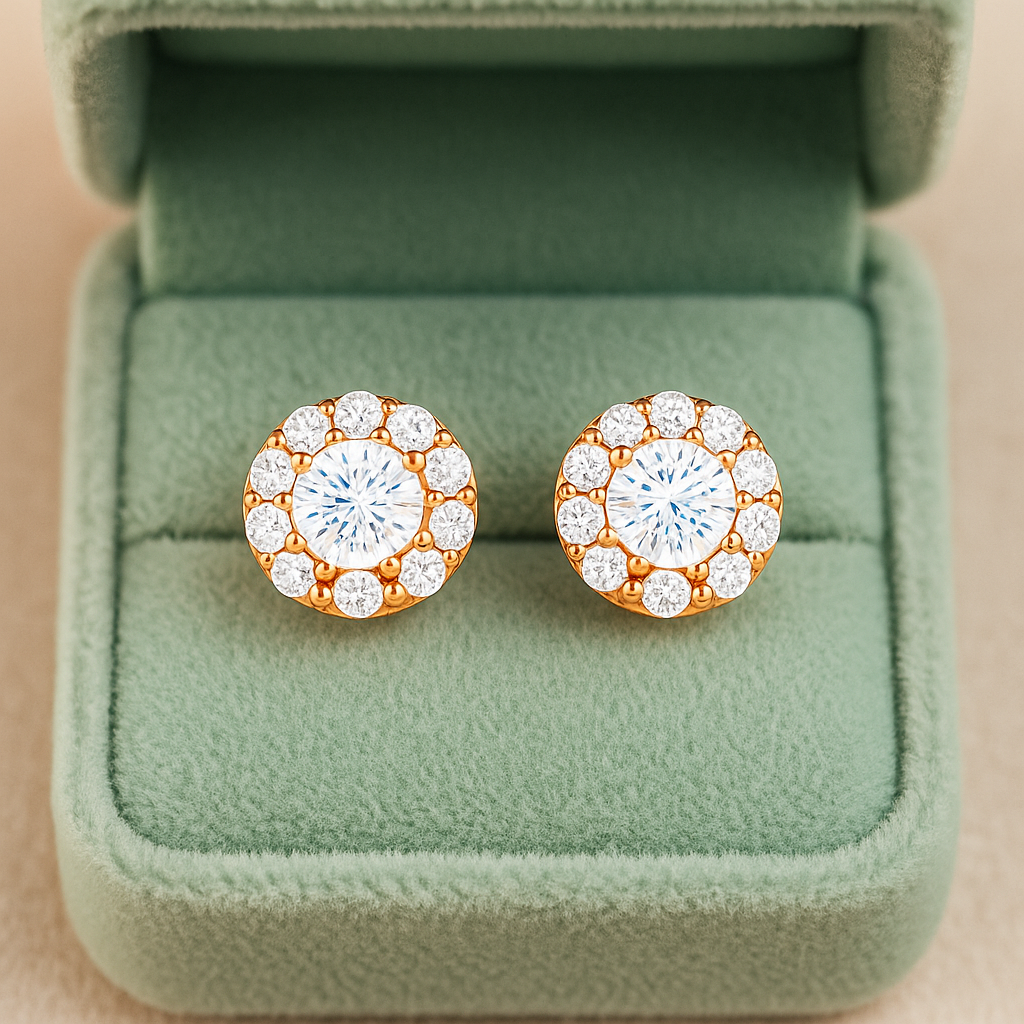 Rose Gold Halo Stud Earrings for Women | Sparkling CZ Round Cluster Design | Daily Wear & Gifting