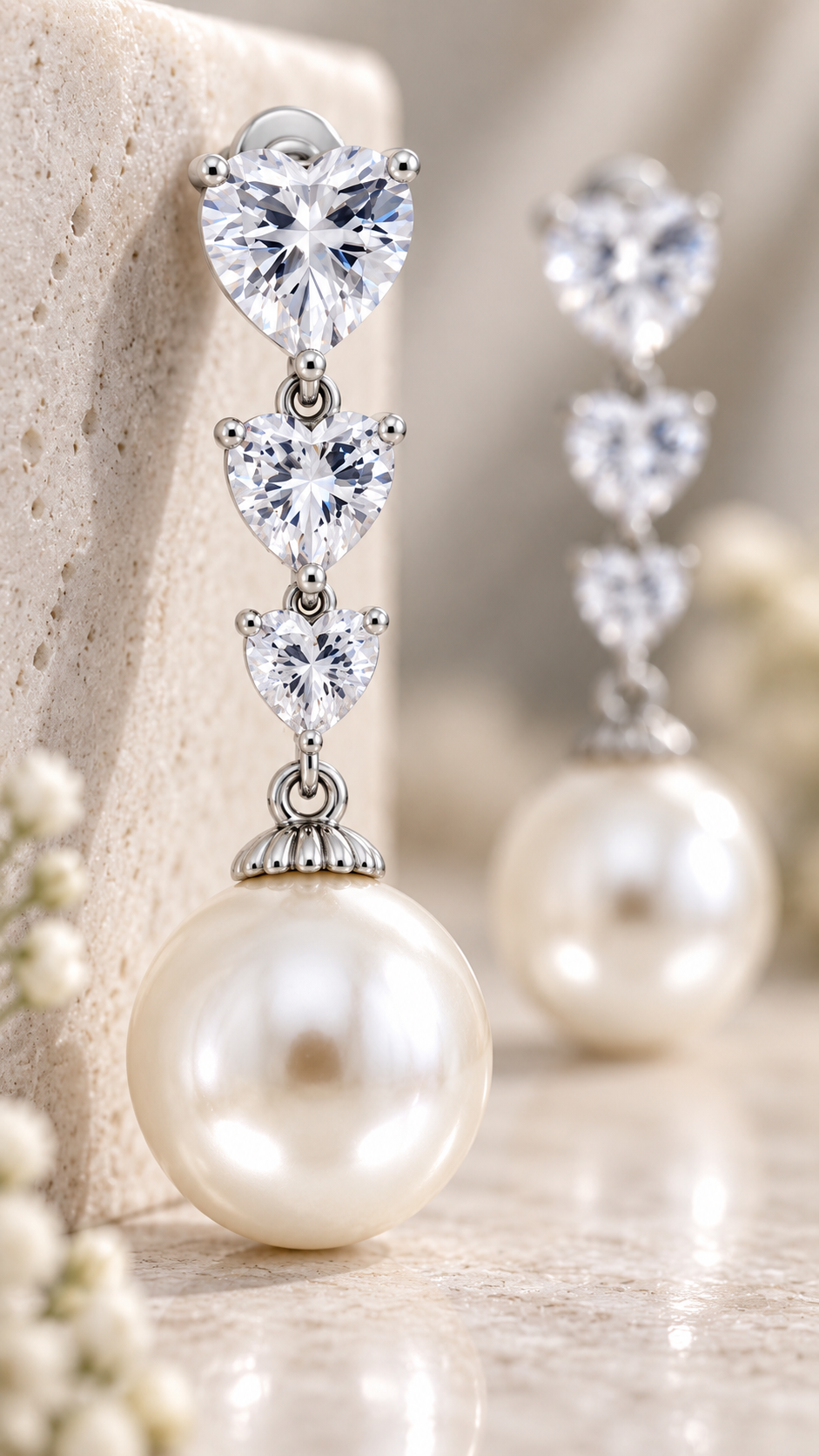 Triple Heart Pearl Drop Earrings