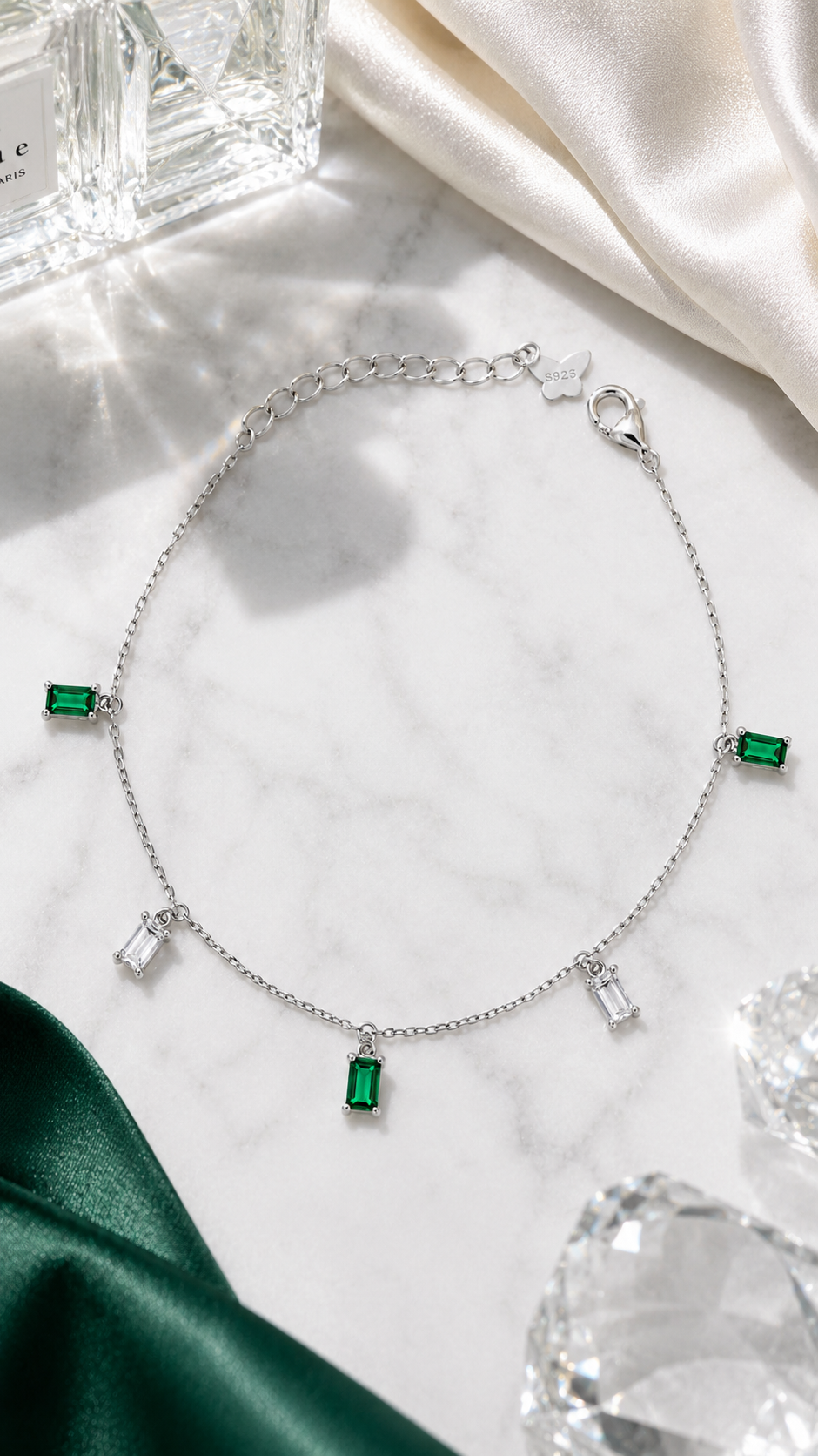 Green & White Baguette Charm Bracelet