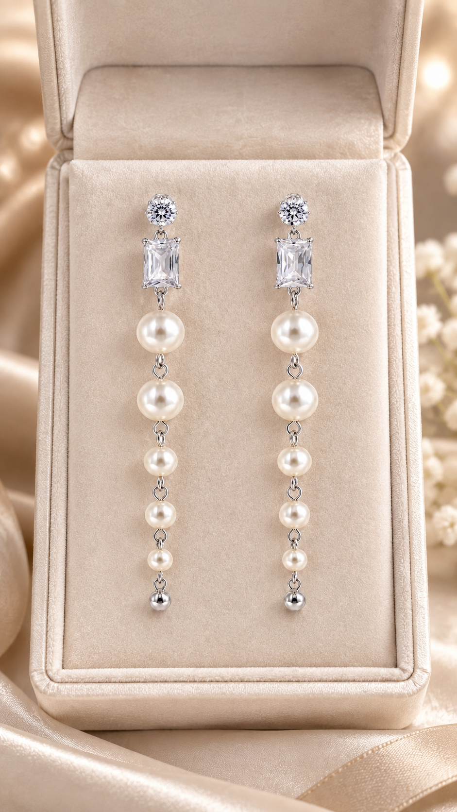 Graduated Pearl Long Drop Earrings