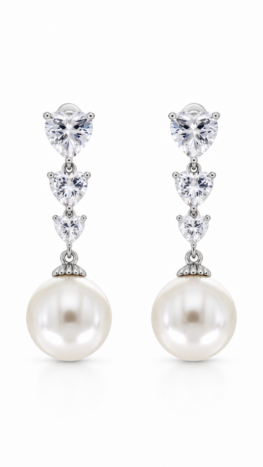 Triple Heart Pearl Drop Earrings