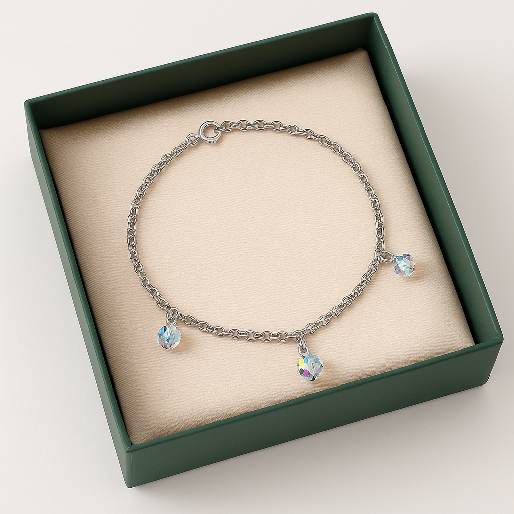 925 Silver Adjustable Chain Anklet with Crystal Bead Charms for Women