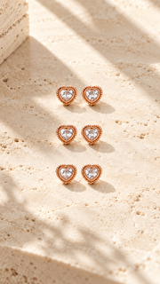 Heart Solitaire Earrings Set – 3 Pairs - Aaryahi Silver jewellery product photo