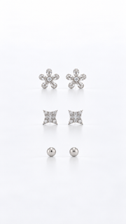 Five Petal Flower, Star Ball Stud Earrings Set – 3 Pairs - Aaryahi Silver jewellery product photo