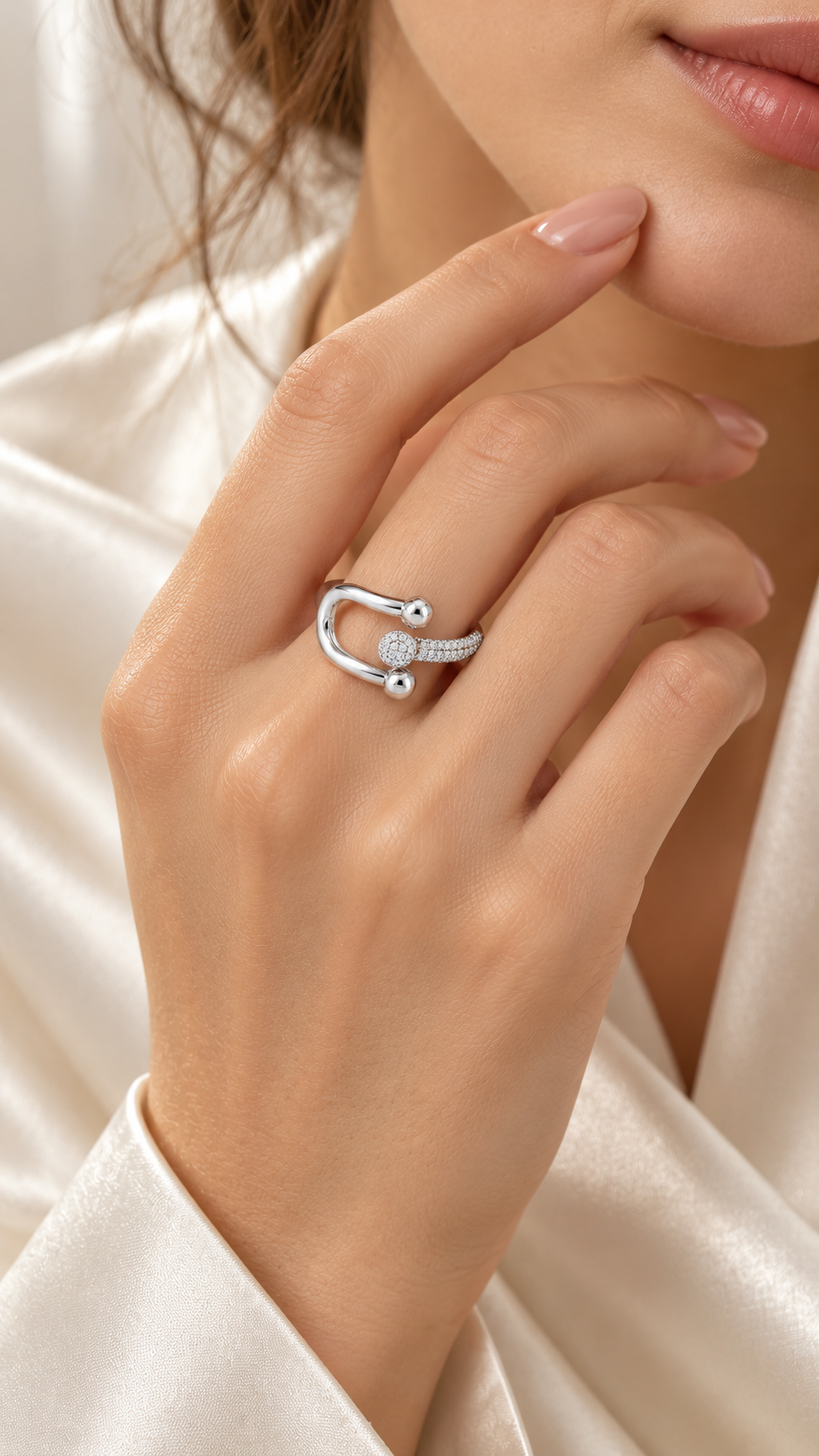Silver CZ Double Ball Open Adjustable Ring