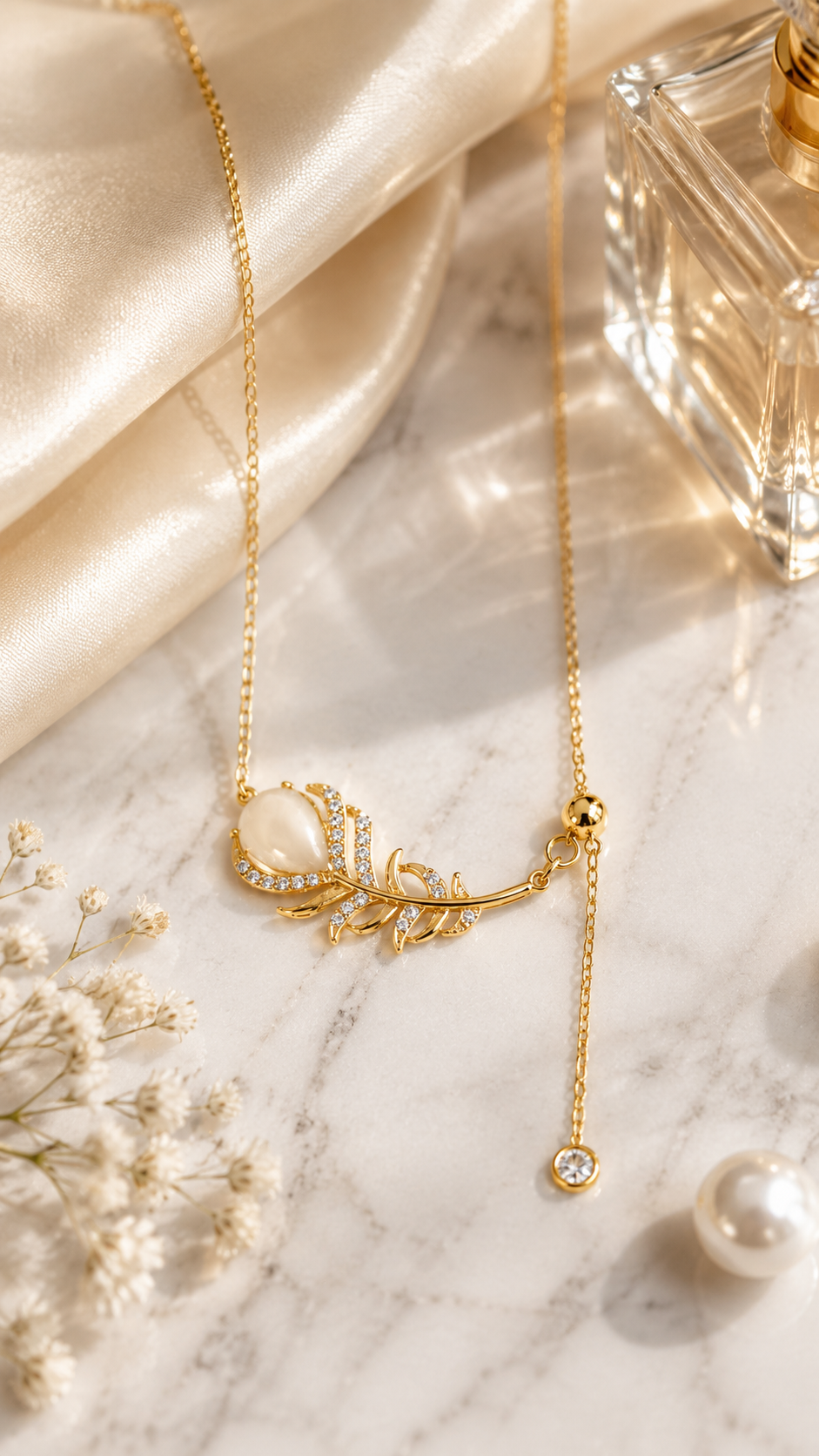 Golden Feather Pearl Necklace