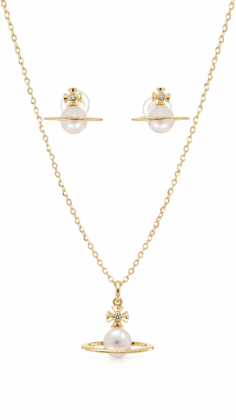 Elegant Gold Planet Pearl Pendant Necklace & Stud Earrings Jewelry Set