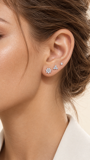 Floral Cluster, Three Stone Solitaire Stud Earrings Set - Aaryahi Silver jewellery product photo