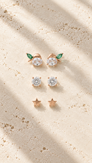 Green Leaf, Solitaire & Star Stud Earrings Set - Aaryahi Silver jewellery product photo