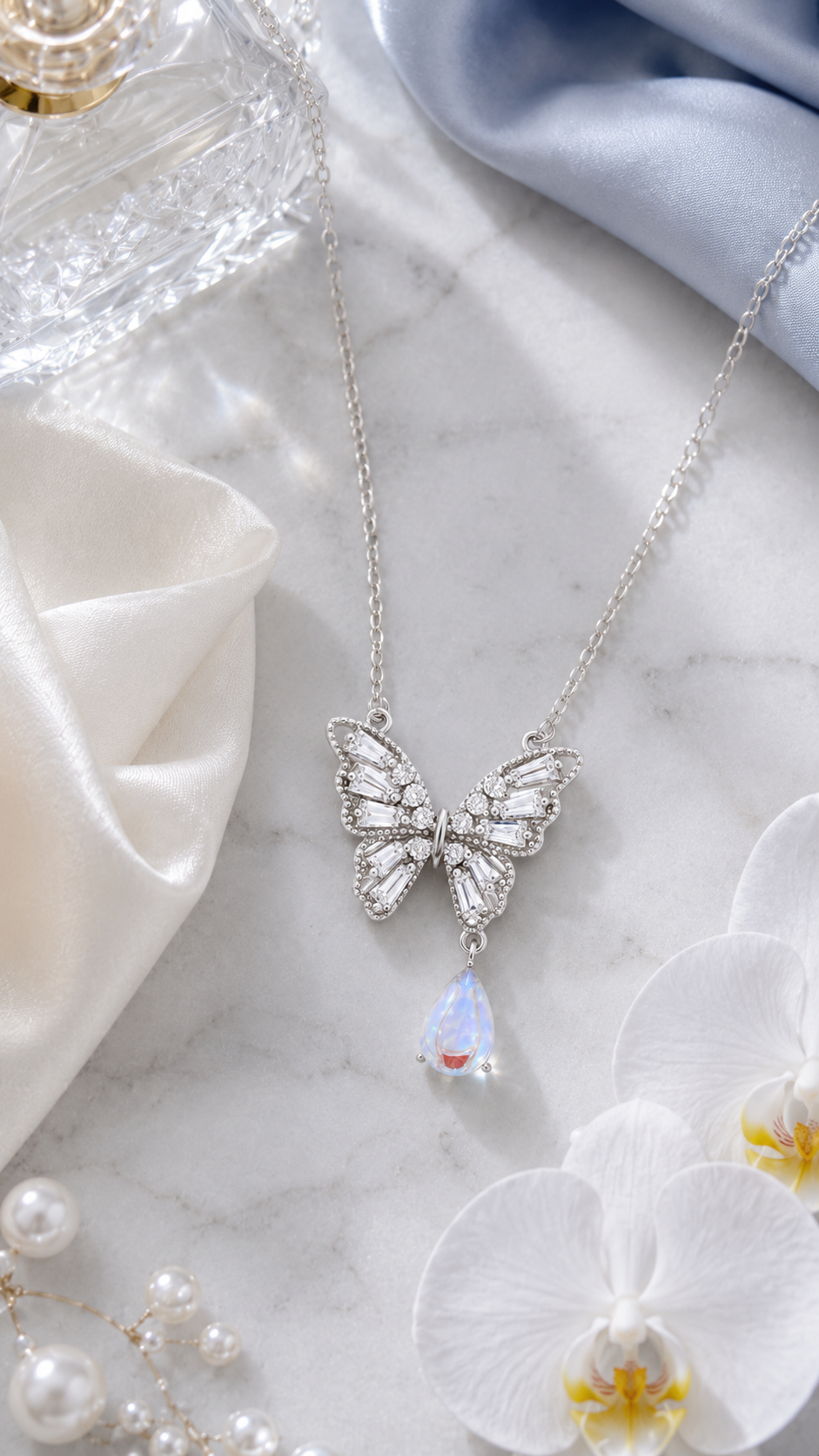 Elegant Silver Butterfly Opal Drop Pendant Necklace