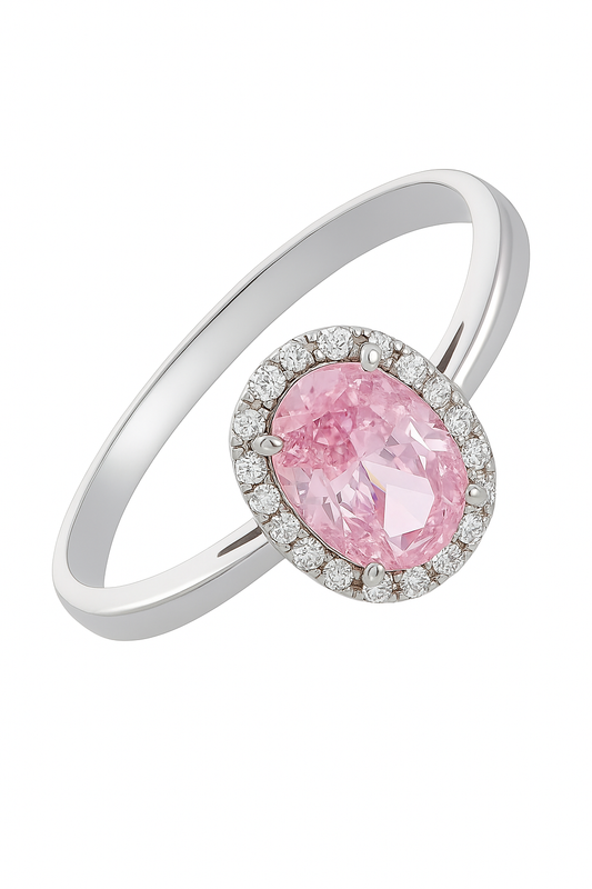 Elegant Pink Oval Halo Ring with Sparkling Accents