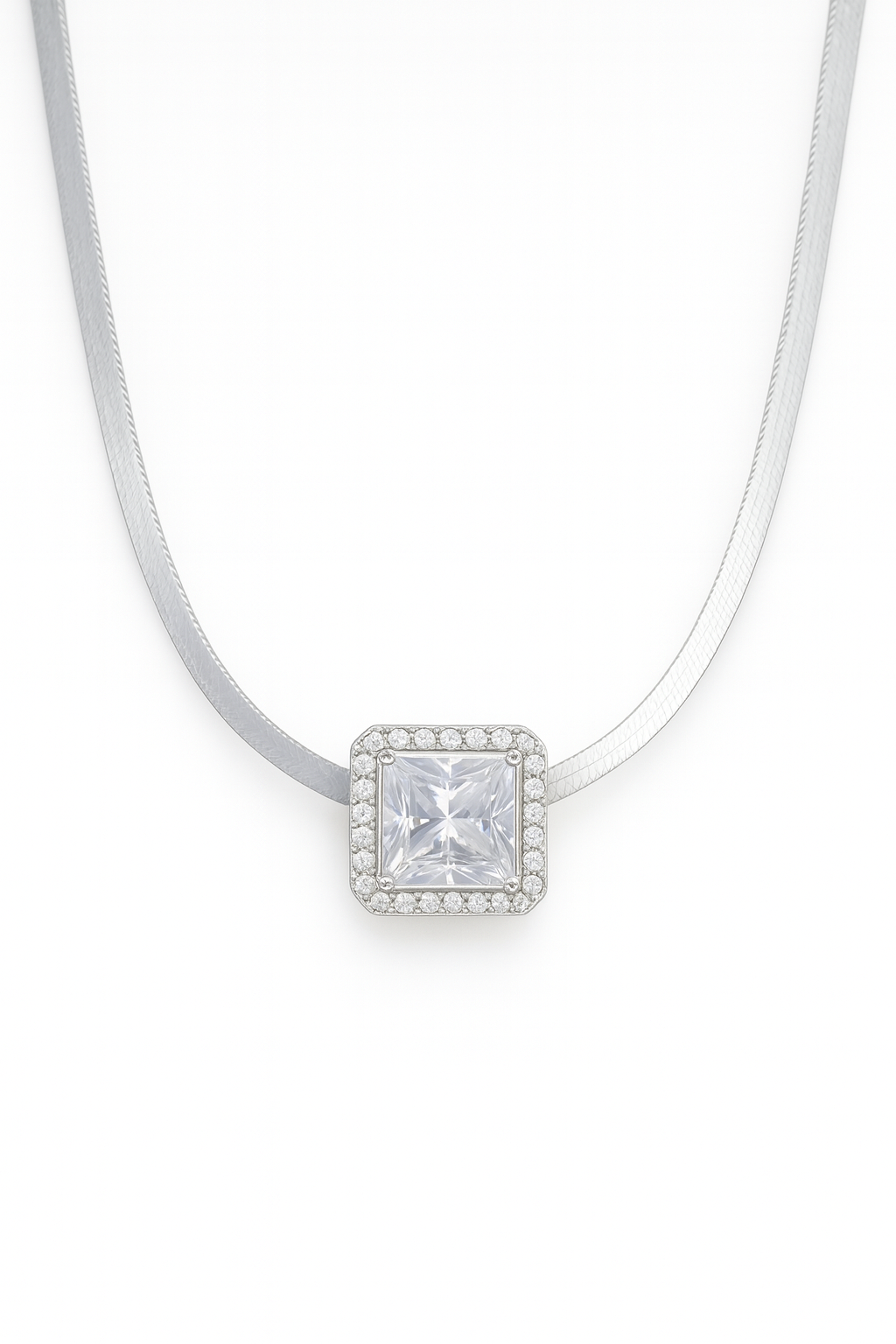Square Solitaire Zircon Pendant Necklace for Women 925 Silver Finish Elegant Daily and Party Wear Chain