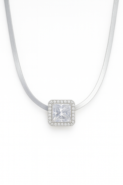 Square Solitaire Zircon Pendant Necklace for Women 925 Silver Finish Elegant Daily and Party Wear Chain