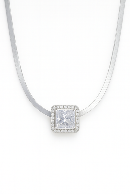 Square Solitaire Zircon Pendant Necklace for Women 925 Silver Finish Elegant Daily and Party Wear Chain