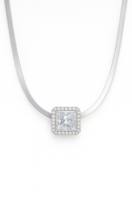 Square Solitaire Zircon Pendant Necklace for Women 925 Silver Finish Elegant Daily and Party Wear Chain