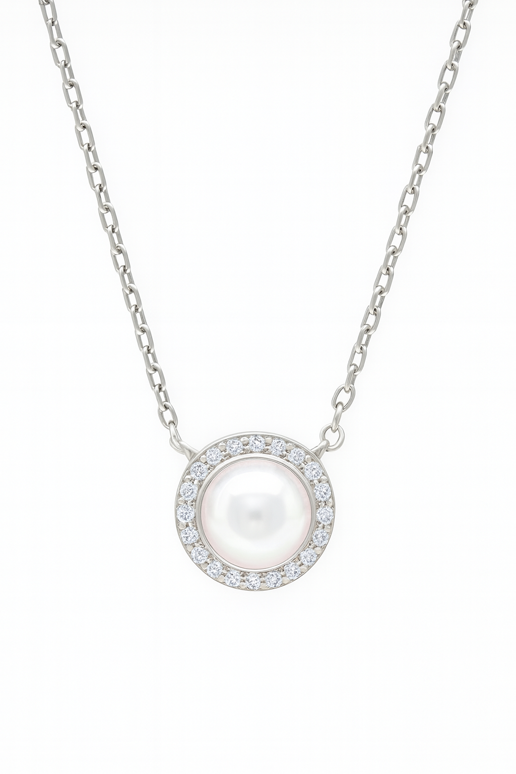 Round Pearl Zircon Pendant Necklace for Women 925 Silver Finish Elegant Daily and Party Wear Chain