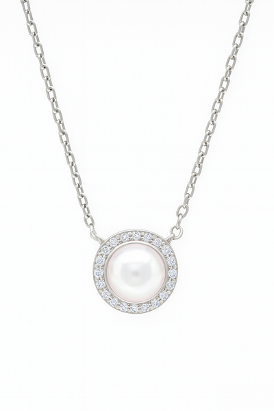 Round Pearl Zircon Pendant Necklace for Women 925 Silver Finish Elegant Daily and Party Wear Chain