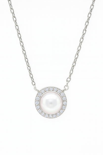 Round Pearl Zircon Pendant Necklace for Women 925 Silver Finish Elegant Daily and Party Wear Chain