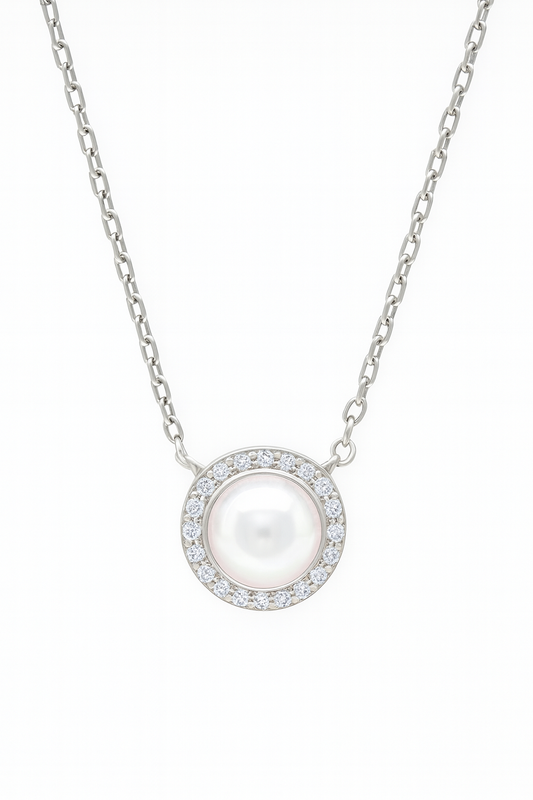 Round Pearl Zircon Pendant Necklace for Women 925 Silver Finish Elegant Daily and Party Wear Chain