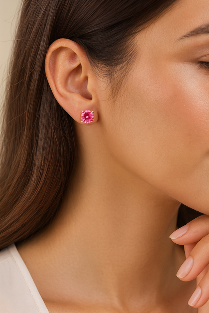 Silver Plated Pink Solitaire Stud Earrings for Women – Sparkling CZ Round Design