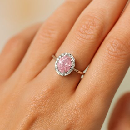 Elegant Pink Oval Halo Ring with Sparkling Accents