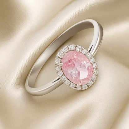Elegant Pink Oval Halo Ring with Sparkling Accents