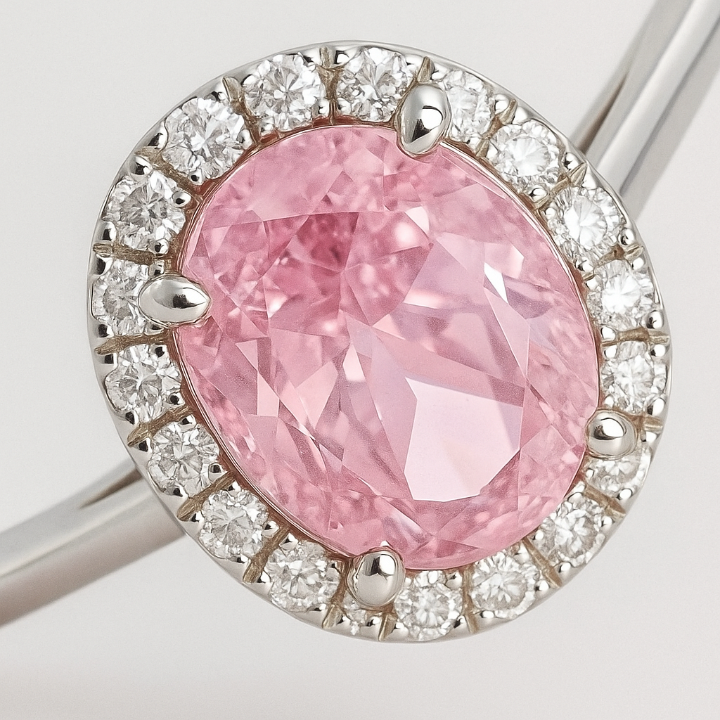 Elegant Pink Oval Halo Ring with Sparkling Accents