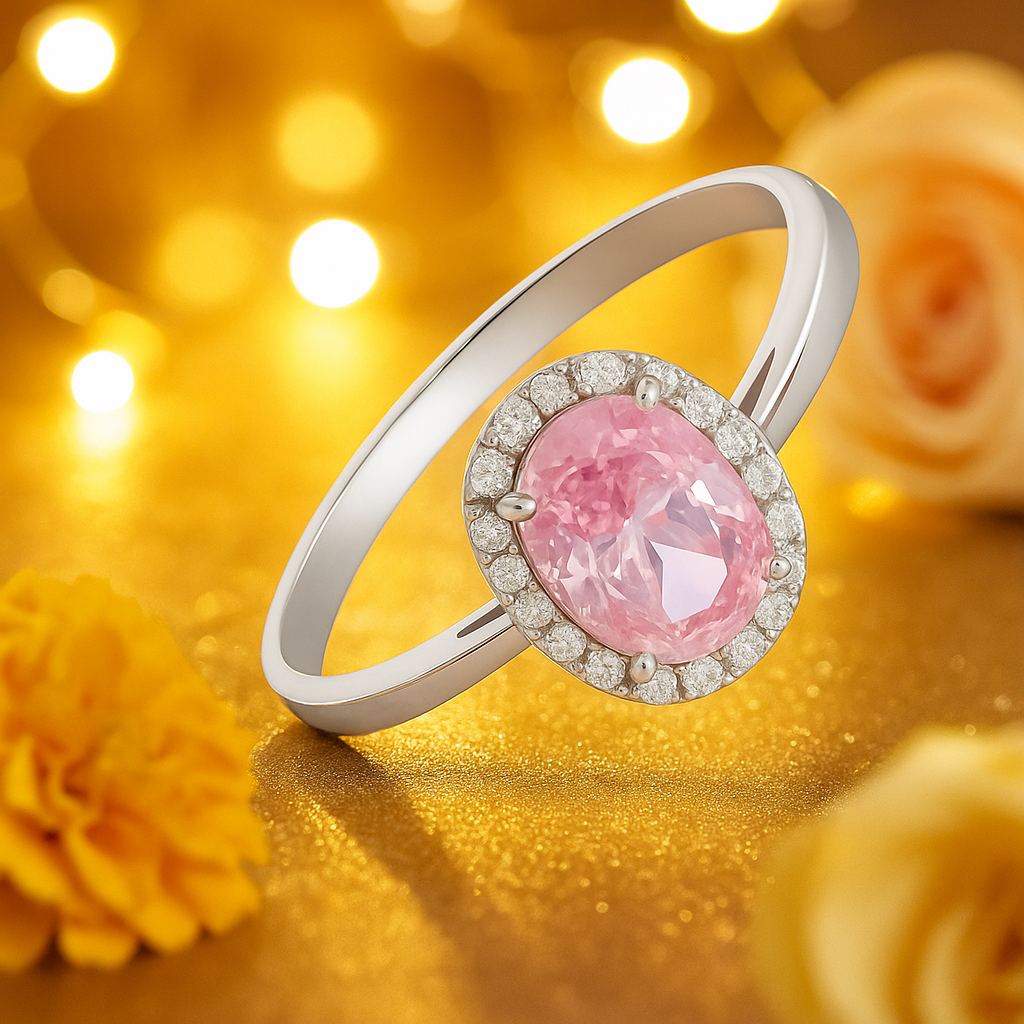 Elegant Pink Oval Halo Ring with Sparkling Accents