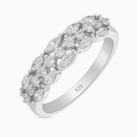 Sparkling Cluster Silver Band Ring with Marquise Stones