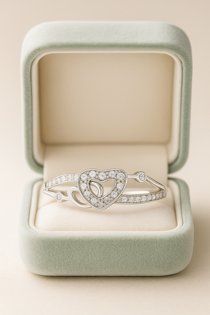 Double Heart Zircon Ring for Women 925 Silver Finish Romantic Love Adjustable Finger Ring