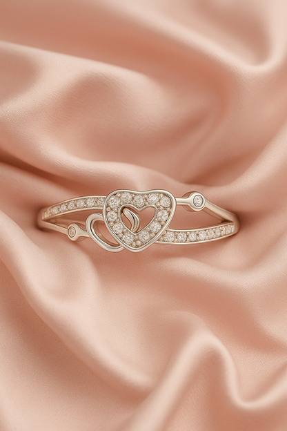 Double Heart Zircon Ring for Women 925 Silver Finish Romantic Love Adjustable Finger Ring
