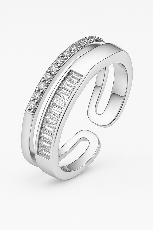 Adjustable Dual Row Zircon Ring for Women 925 Silver Finish Elegant Open Band Finger Ring