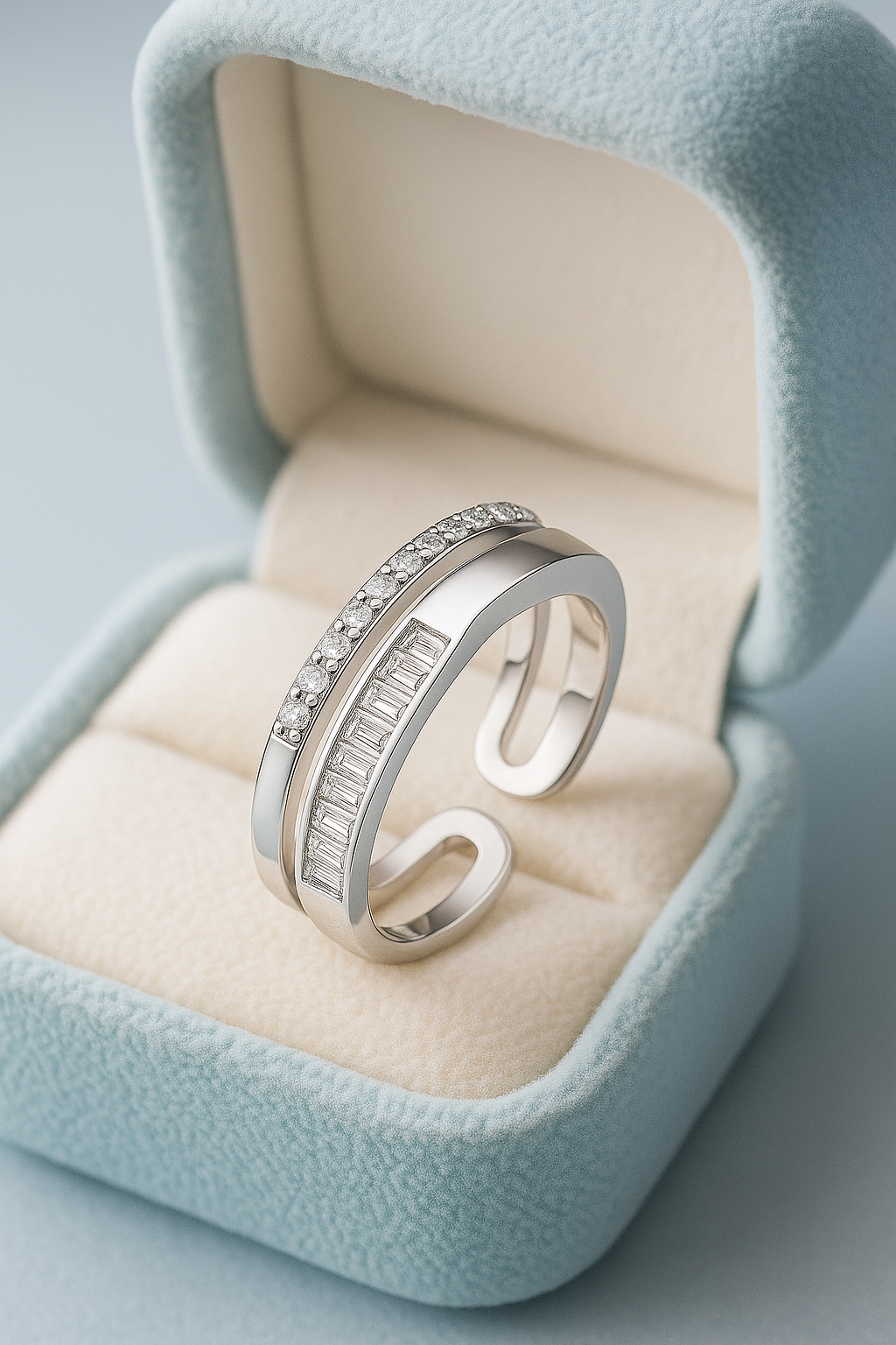 Adjustable Dual Row Zircon Ring for Women 925 Silver Finish Elegant Open Band Finger Ring