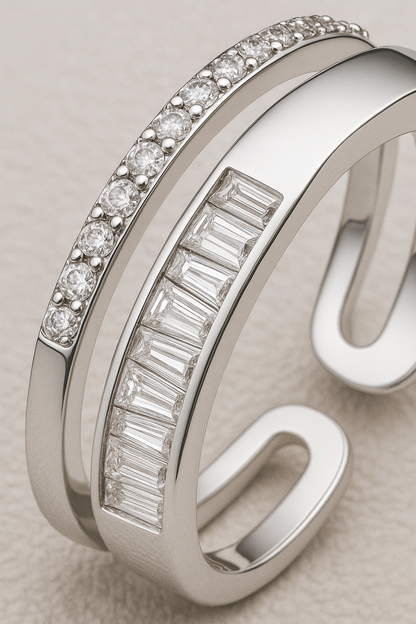 Adjustable Dual Row Zircon Ring for Women 925 Silver Finish Elegant Open Band Finger Ring