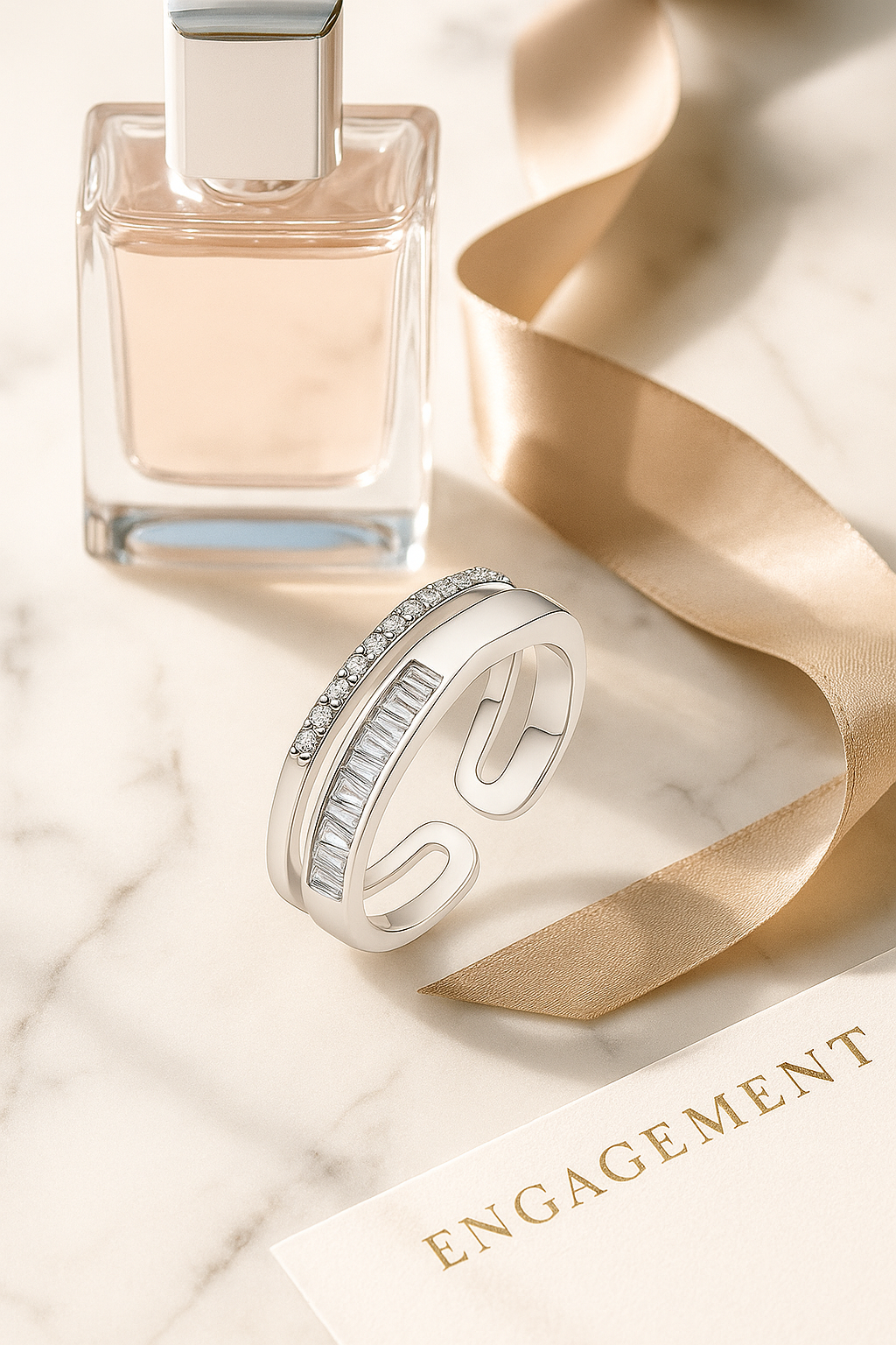 Adjustable Dual Row Zircon Ring for Women 925 Silver Finish Elegant Open Band Finger Ring