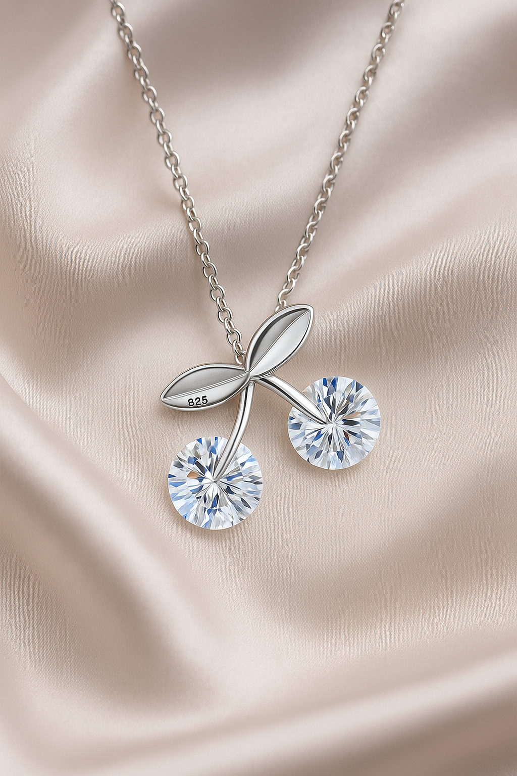 925 Silver Cherry Pendant Necklace for Women – Sparkling Dual CZ Stone Design