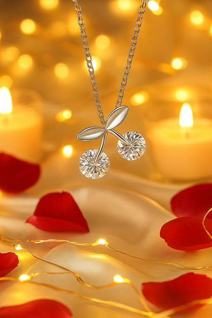 925 Silver Cherry Pendant Necklace for Women – Sparkling Dual CZ Stone Design