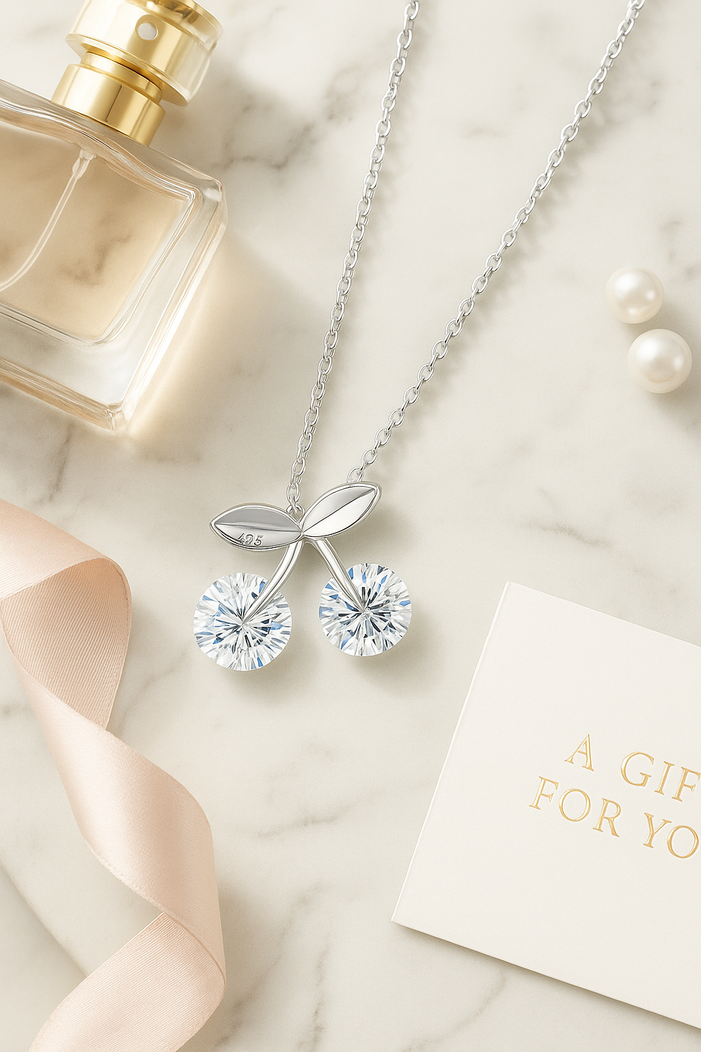 925 Silver Cherry Pendant Necklace for Women – Sparkling Dual CZ Stone Design