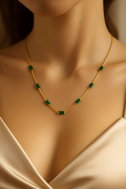 Gold-Plated Emerald Green Stone Necklace for Women – Elegant Minimal Chain Jewelry