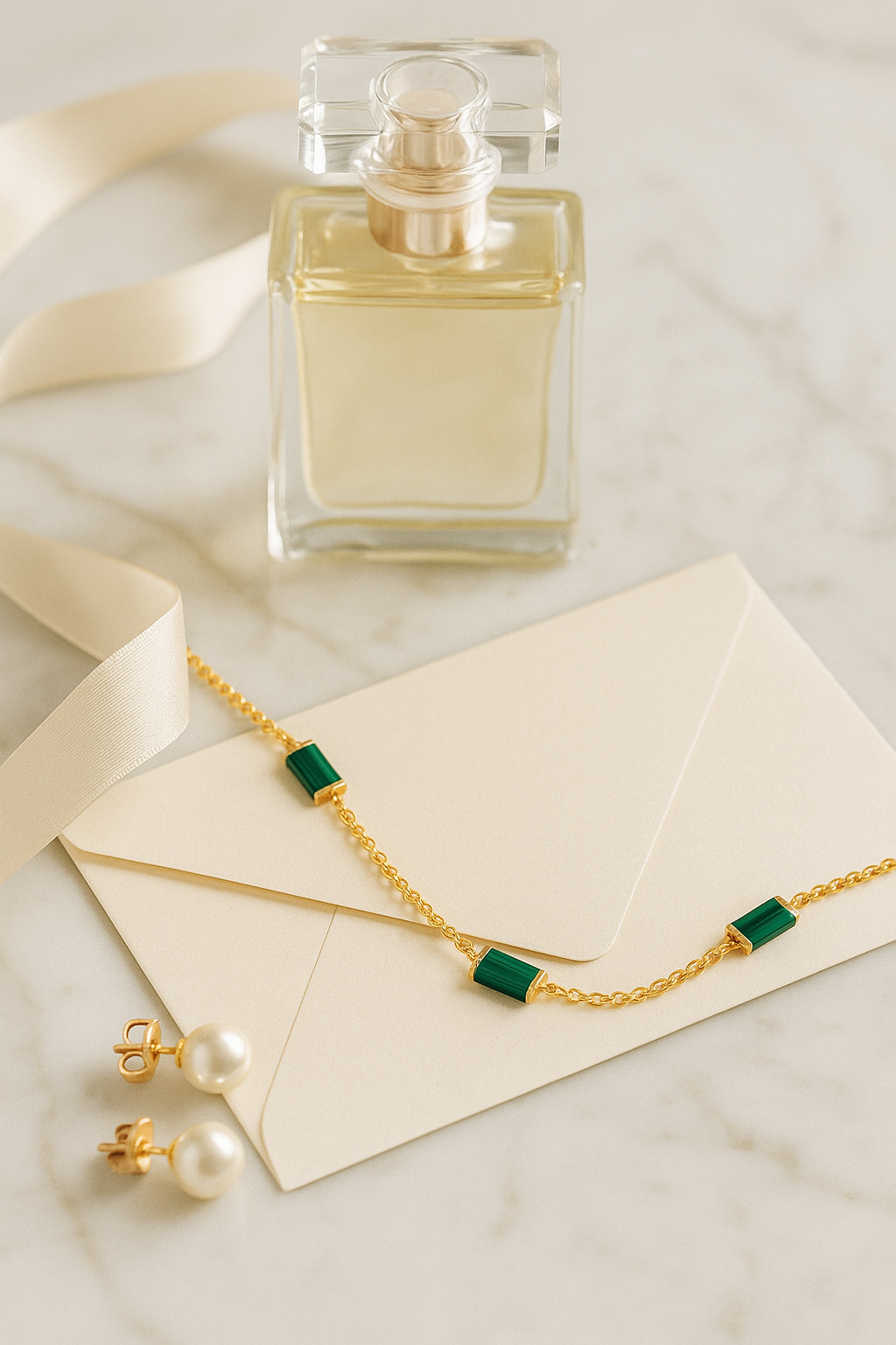 Gold-Plated Emerald Green Stone Necklace for Women – Elegant Minimal Chain Jewelry