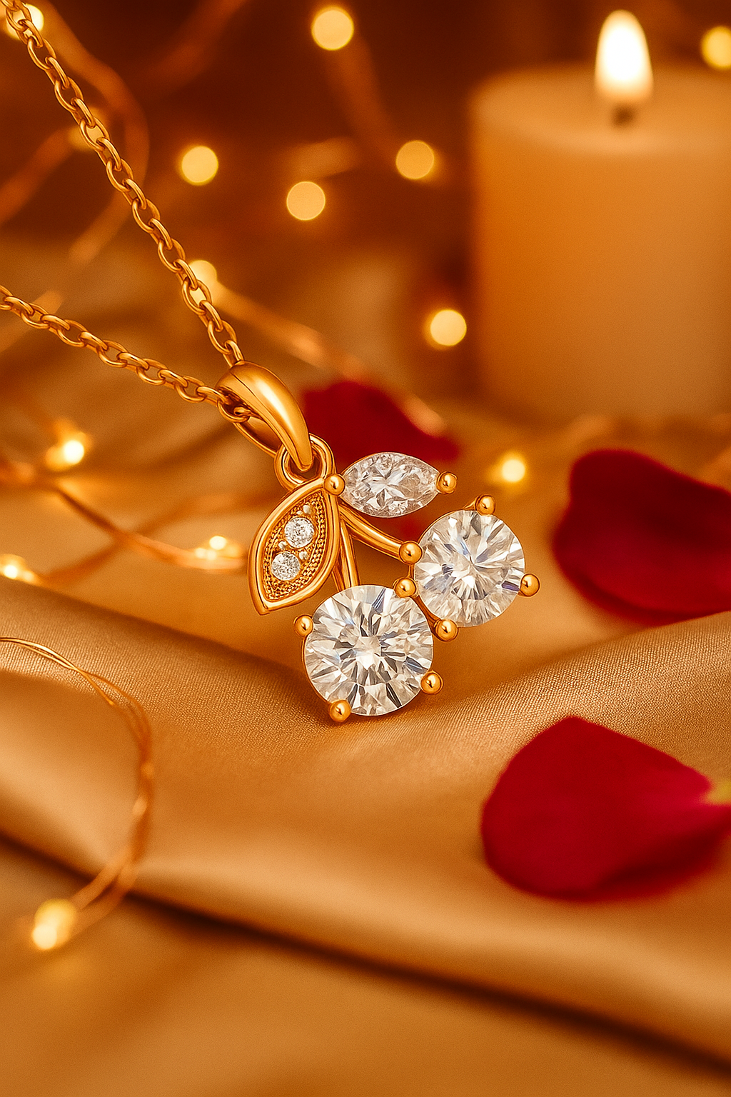 Rose Gold Plated Cherry Pendant Necklace for Women – Sparkling CZ Stone Designer Jewelry