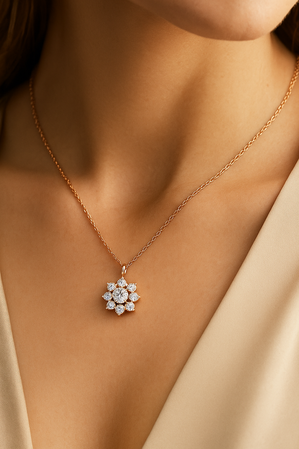 Rose Gold Plated Starburst Pendant Necklace for Women – Elegant CZ Diamond Design