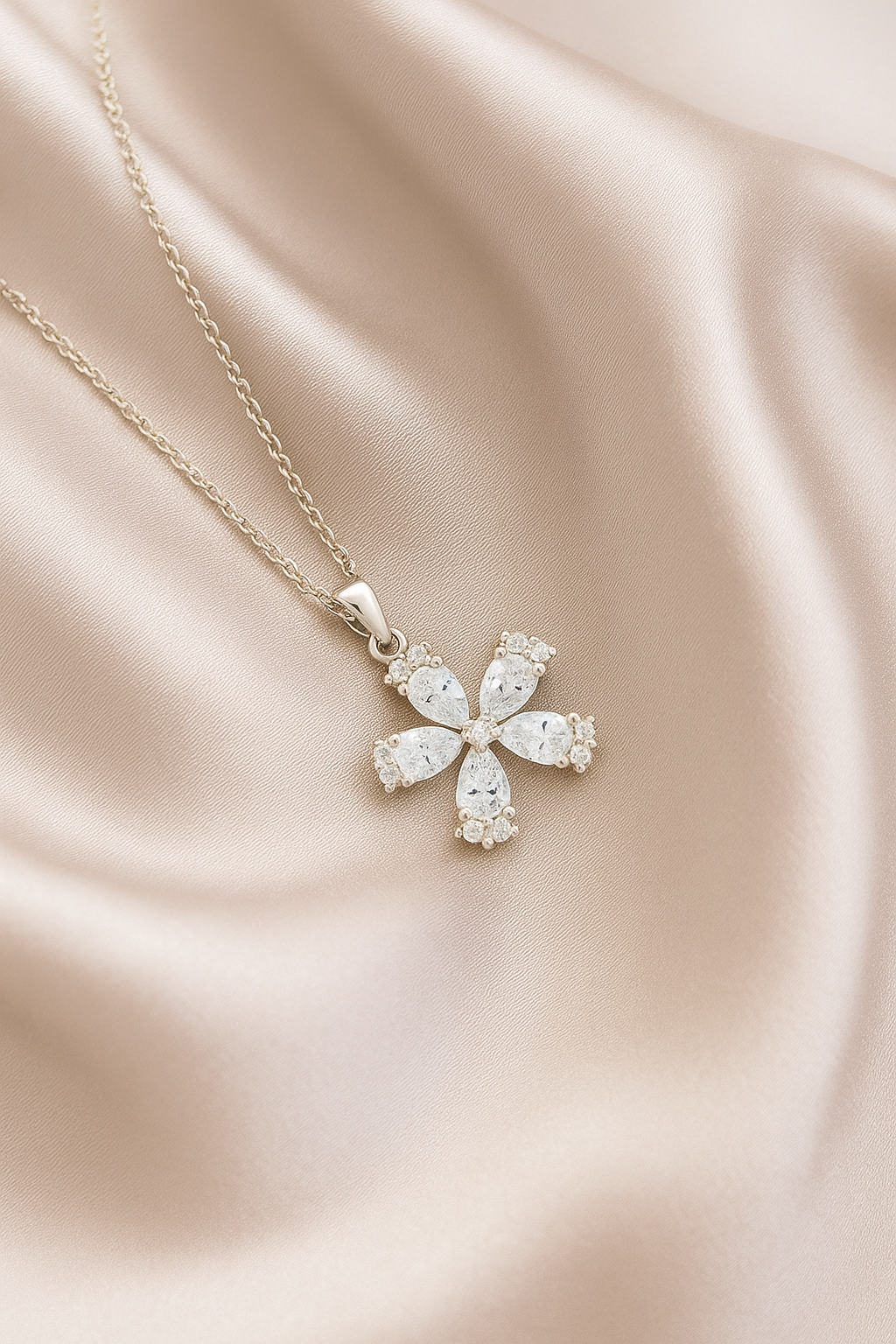 Silver Plated Floral Cross Pendant Necklace for Women – CZ Diamond Elegant Design