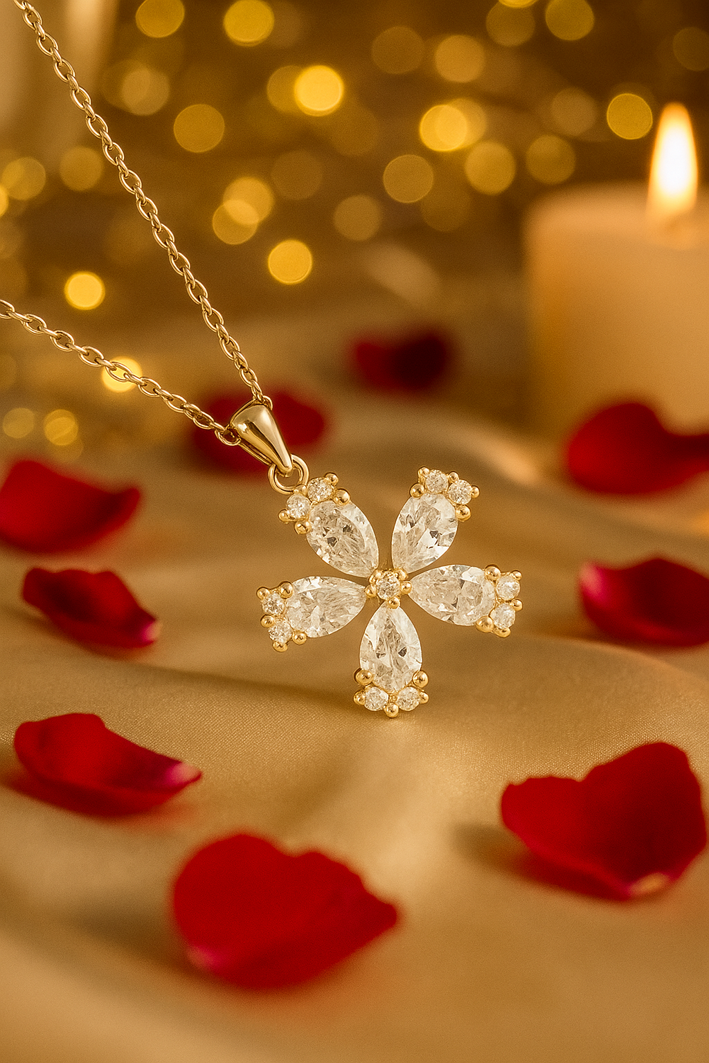 Silver Plated Floral Cross Pendant Necklace for Women – CZ Diamond Elegant Design